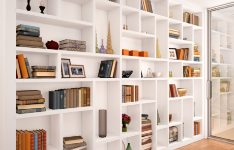 3d illustration of White shelves in the interior with various ob
